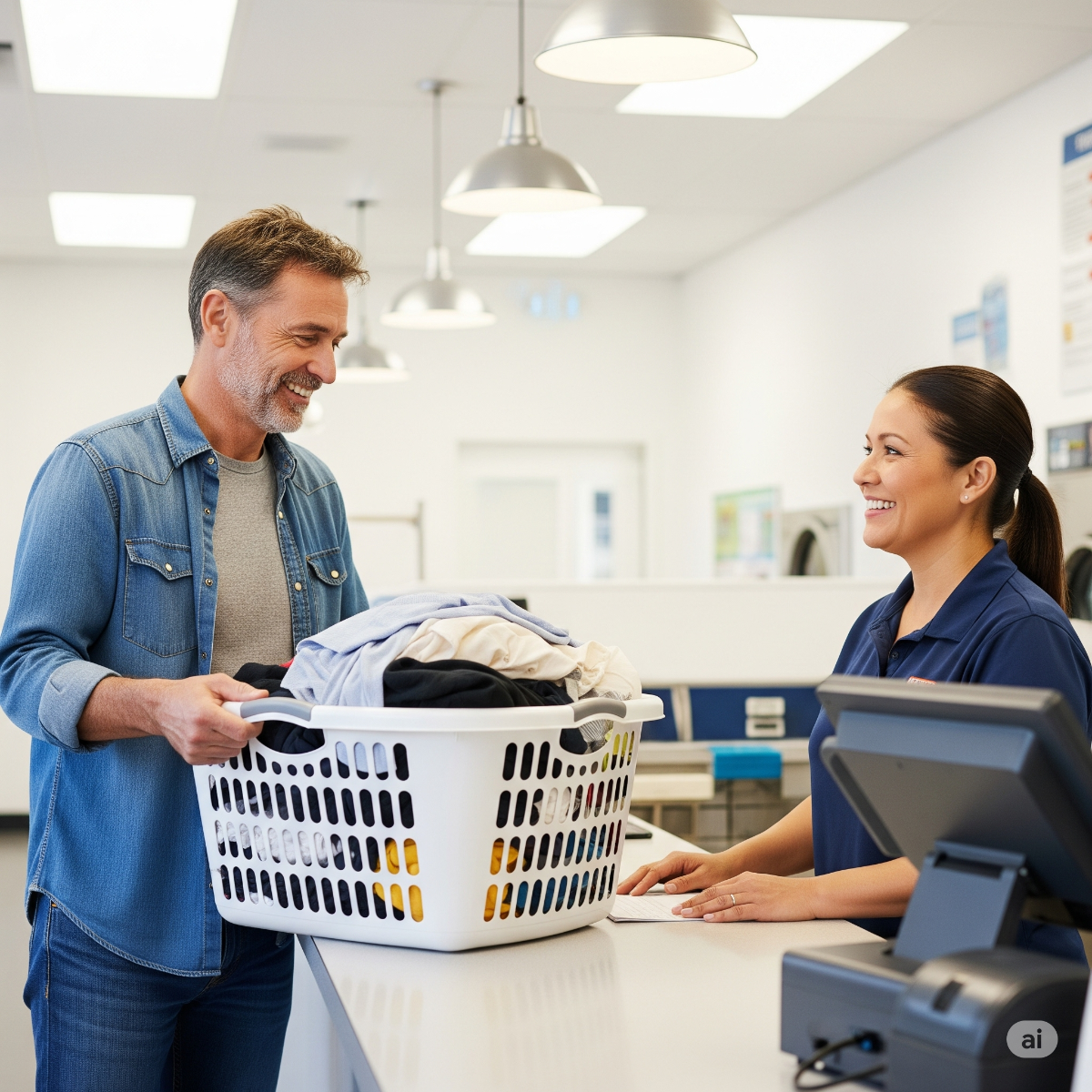 Man In Denim Shirt Dropping Laundry At The Wash And Fold 1200X1200