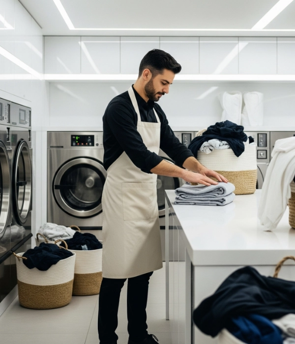 Male Laundromat Attendant Folding Clothes 600X600